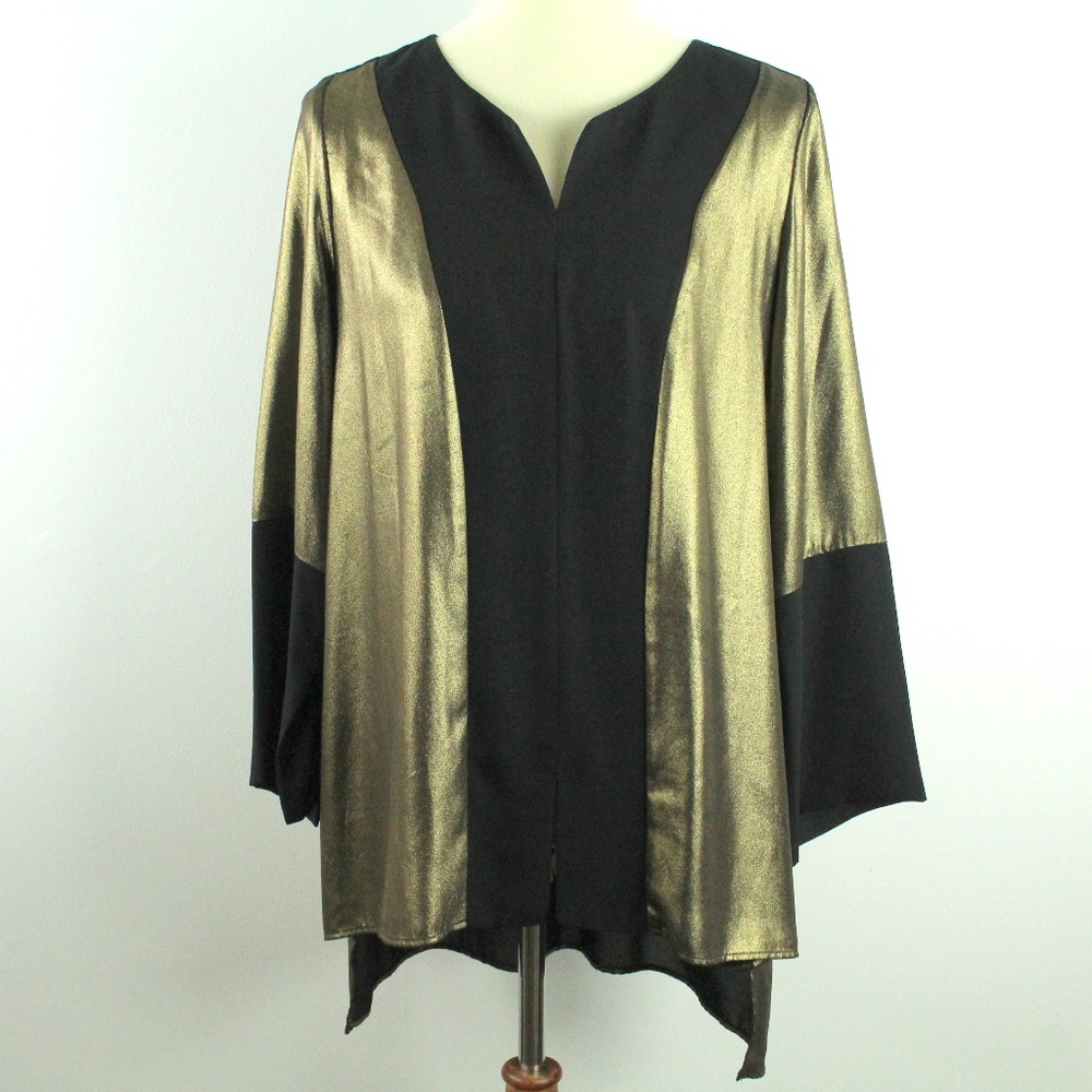 IC By Connie K Chiffon Black Metallic Gold Tunic Top High Low Hemline M